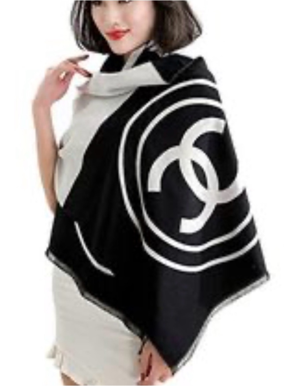 CHANEL Black and White Logo Wrap Scarf